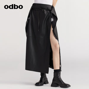 【商場同款】odbo/歐迪比歐洋氣黑色半身裙女秋冬2022新款PU裙子