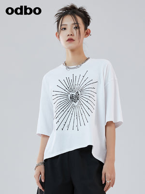 odbo 520主题刺绣印花白色t恤女设计感小众夏季2022新款休闲上衣
