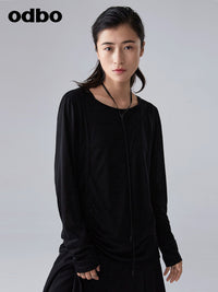 【商場同款】odbo/歐迪比歐春裝2022年新款女時尚抽繩長袖黑色T恤