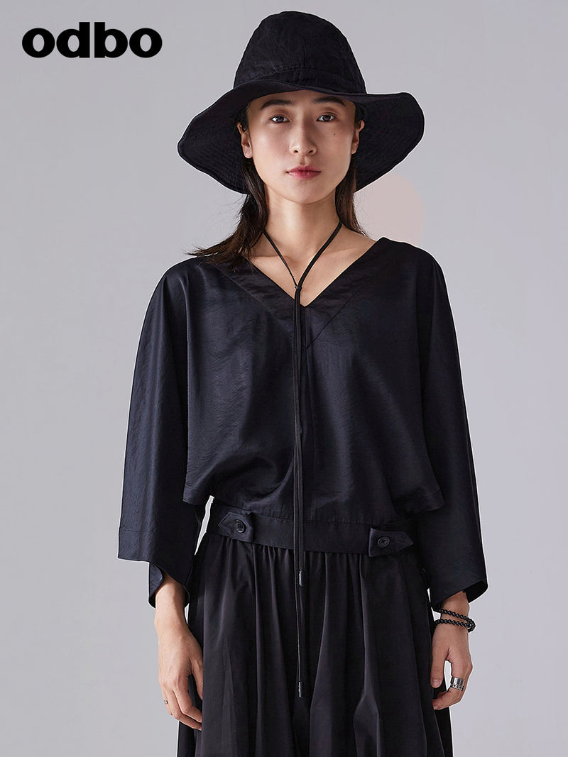 Odbo/歐迪比歐夏2022新款女黑色V領潮牌襯衣女設計感綁帶小眾上衣