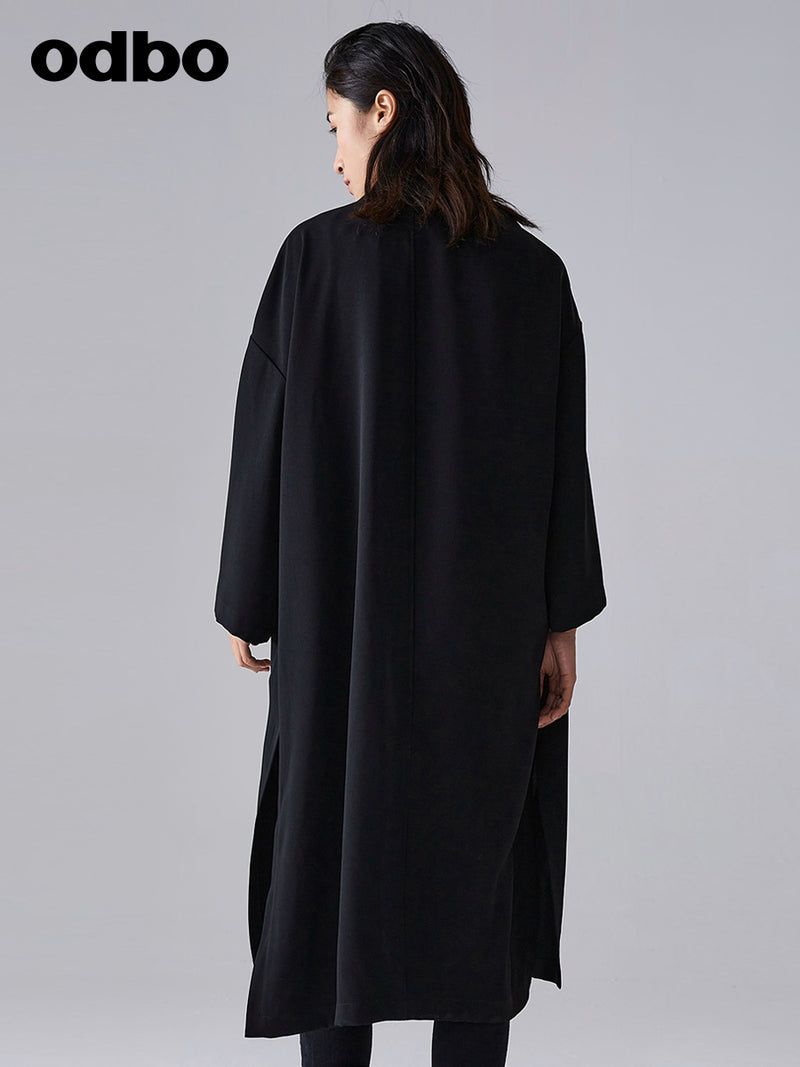【商場同款】odbo/歐迪比歐春裝2022新款女潮流黑色中長風衣外套