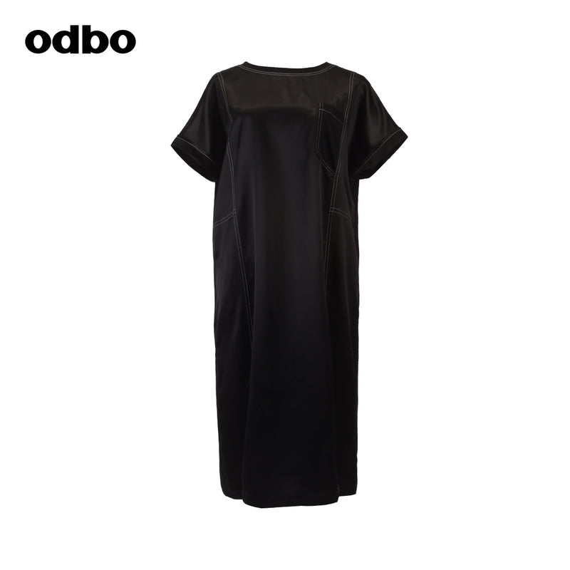 Odbo高端氣質明線拼接連衣裙女夏季圓領寬鬆顯瘦黑色洋氣減齡潮
