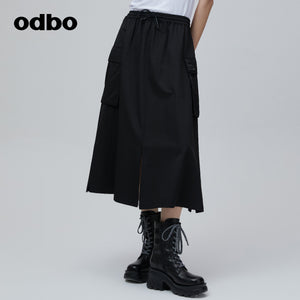 Odbo 原創設計感束腰黑色半身裙女夏季2022年新款百搭工裝a字裙子