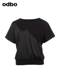 odbo 原創設計感 拼接 黑色短袖t恤女 2022年新款 寬鬆顯瘦上衣