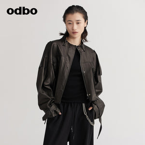 【商場同款】odbo/歐迪比歐綿羊皮衣外套女2022年新款機車夾克潮