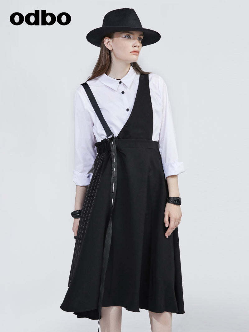 Odbo設計感小眾不對稱背帶裙女夏季新款織帶氣質收腰黑色連衣裙