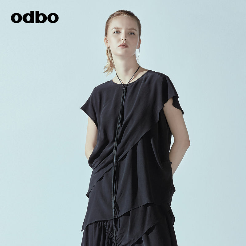 Odbo/歐迪比歐專櫃同款設計師品牌2022夏女不規則百搭雪紡上衣