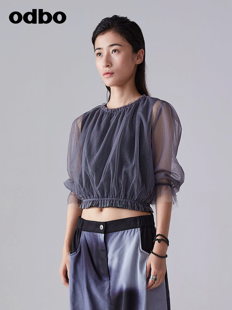 Odbo/歐迪比歐 設計感網紗拼接蕾絲衫女夏季2022新款透氣雪紡上衣