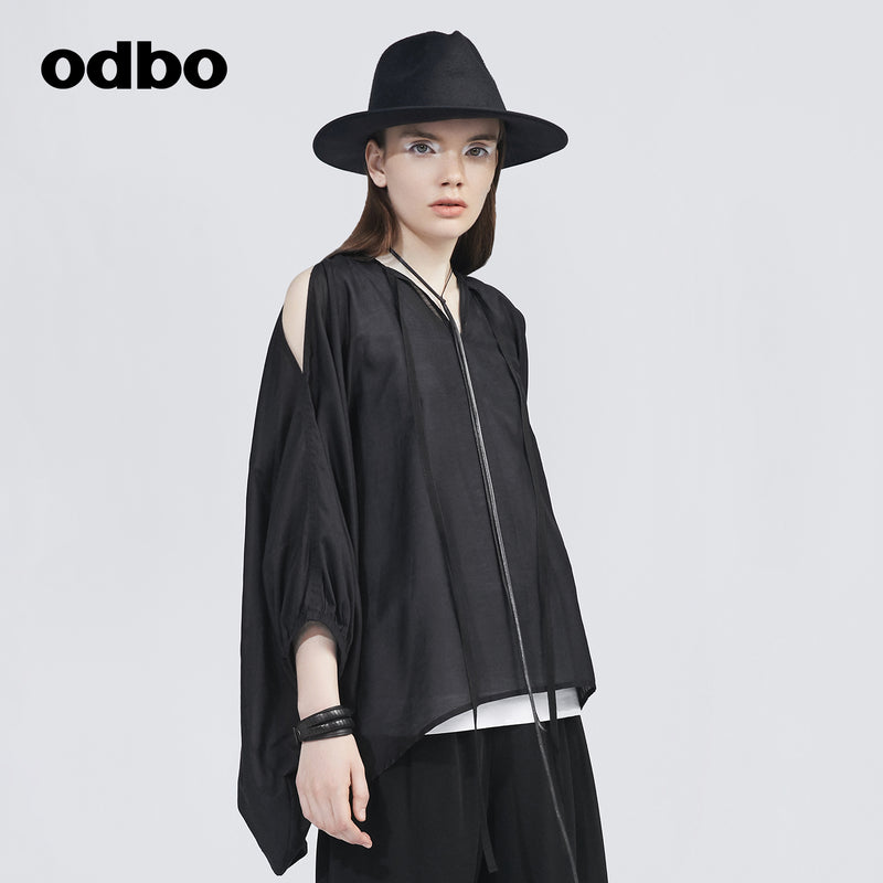 Odbo/歐迪比歐專櫃同款設計師品牌桑蠶絲V領薄款襯衫上衣