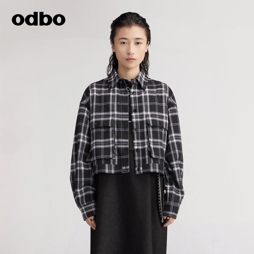 【商場同款】odbo/歐迪比歐格子短外套女秋冬2022年新款襯衫上衣