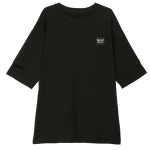 Odbo潮牌設計感雙層袖t恤女夏新款貼布印花純棉黑色寬鬆休閒上衣