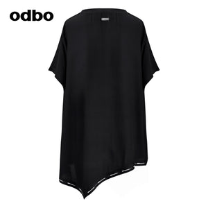 Odbo/歐迪比歐專櫃同款設計師品牌女字母織帶不規則中長T恤上衣
