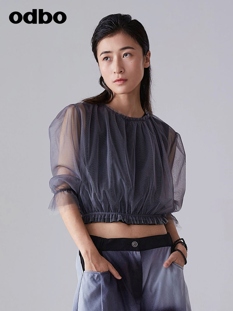 Odbo/歐迪比歐 設計感網紗拼接蕾絲衫女夏季2022新款透氣雪紡上衣