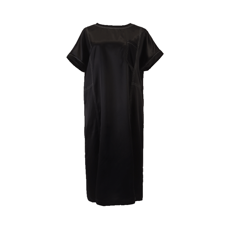 Odbo高端氣質明線拼接連衣裙女夏季圓領寬鬆顯瘦黑色洋氣減齡潮