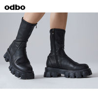 【商場同款】odbo/歐迪比歐粗跟厚底增高馬丁靴女中筒黑色中靴子