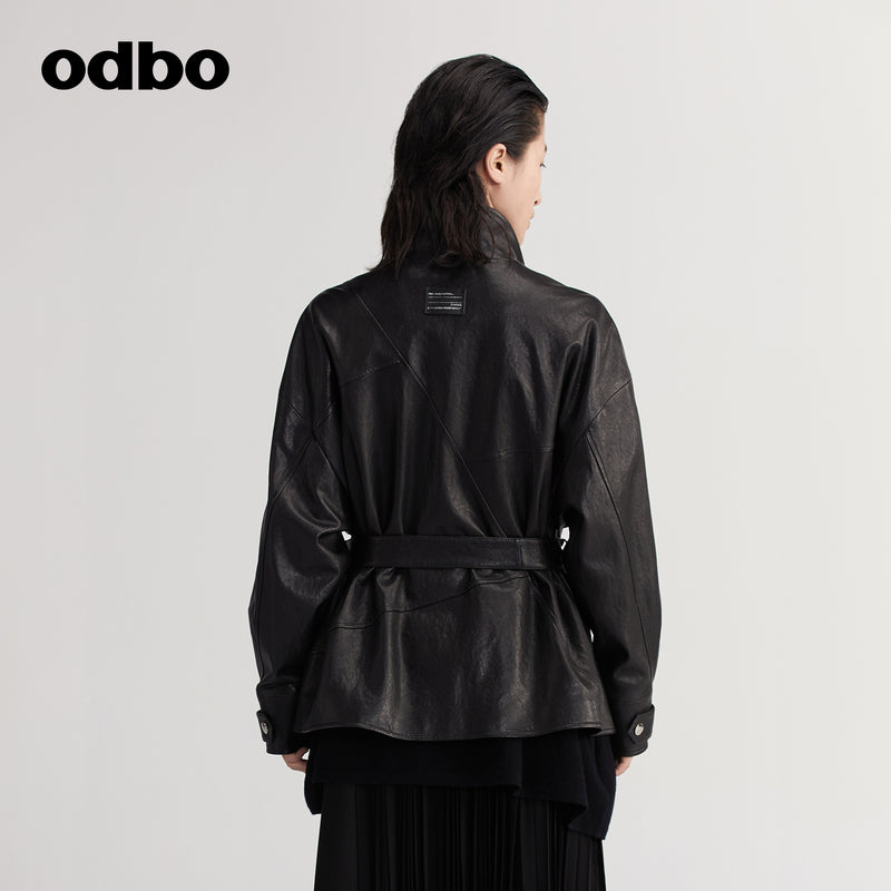【商場同款】odbo/歐迪比歐綿羊皮皮衣女2022年秋冬新款機車外套