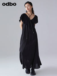 Odbo/歐迪比歐女神范氣質V領兩穿連衣裙女夏季新款設計感小眾長裙