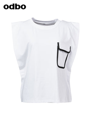 odbo 休闲气质设计感牛角袖白色t恤女夏季2022年新款百搭舒适上衣