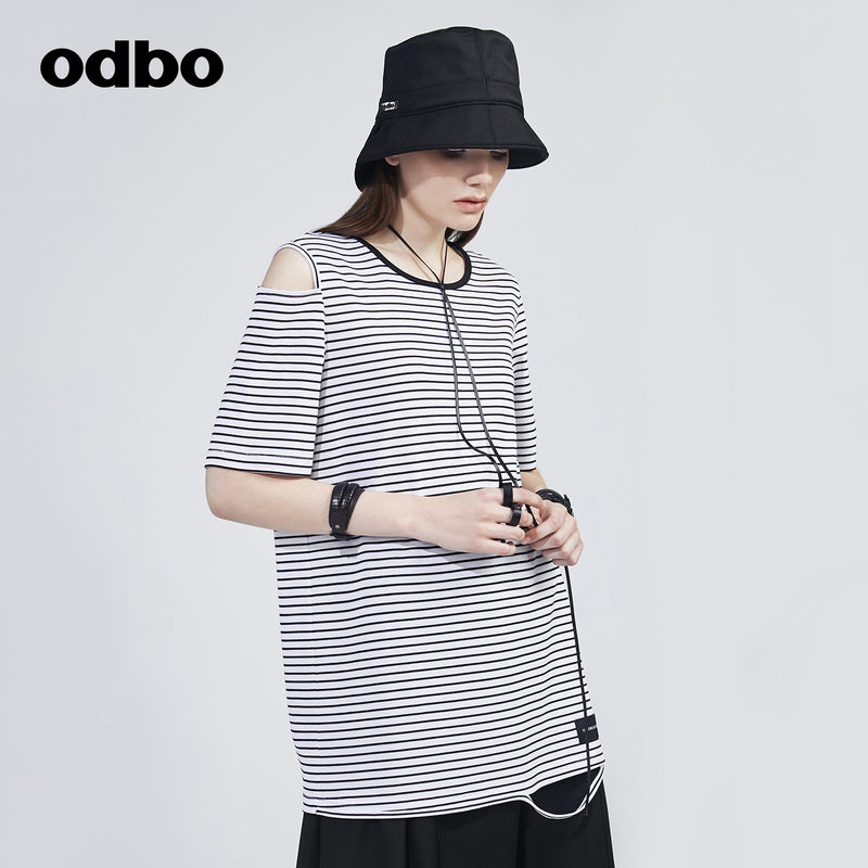 Odbo/歐迪比歐專櫃同款設計師品牌條紋短袖露肩T女