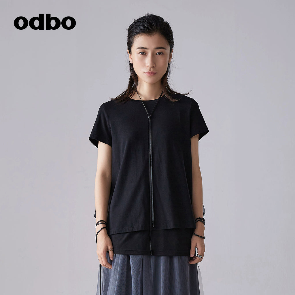 Odbo/歐迪比歐網紗拼接設計感上衣小眾短袖t恤女夏季2022新款潮