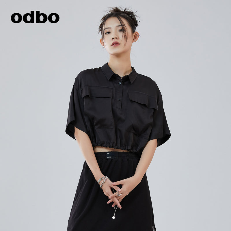 odbo2022年新款 POLO領黑色 T恤 女 短款