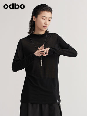 【商場同款】odbo/歐迪比歐針織上衣女2022新款簡約舒適黑色T恤