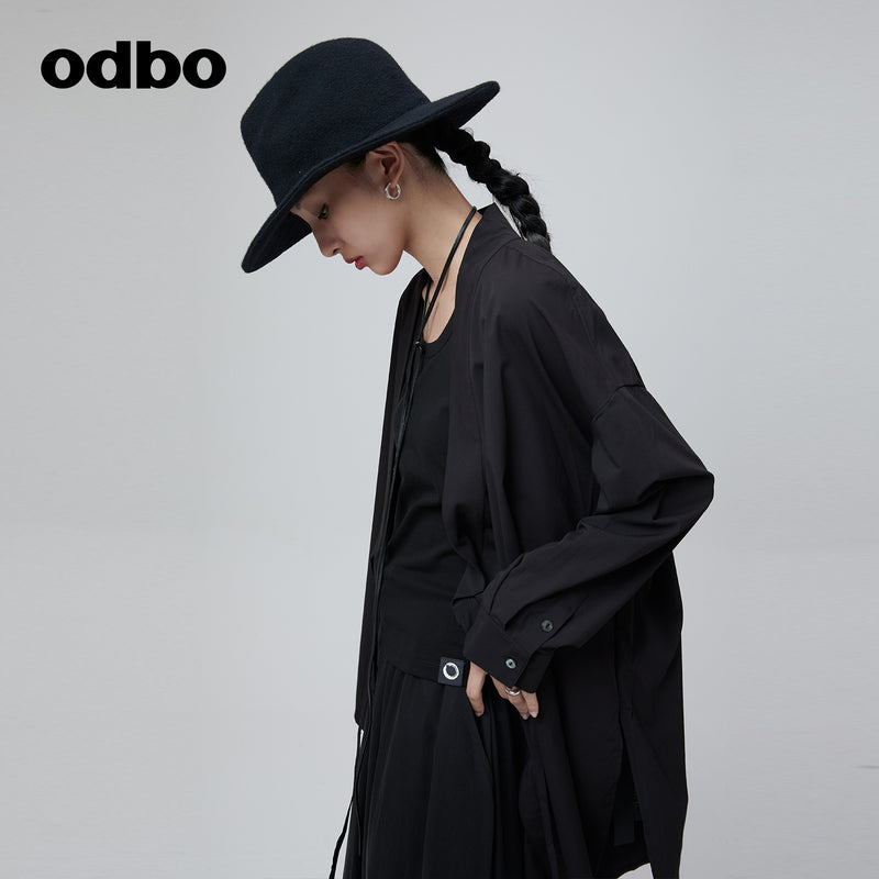 Odbo 原創V領黑色設計感小眾襯衫女夏季2022年新款休閒上衣外套潮