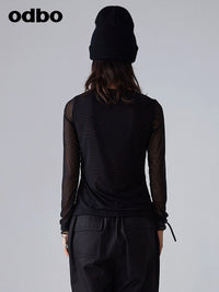 【商場同款】odbo/歐迪比歐春裝2022年新款女網紗拼接黑色長袖T恤