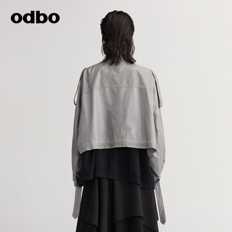 【商場同款】odbo/歐迪比歐綿羊皮衣外套女2022年新款機車夾克潮