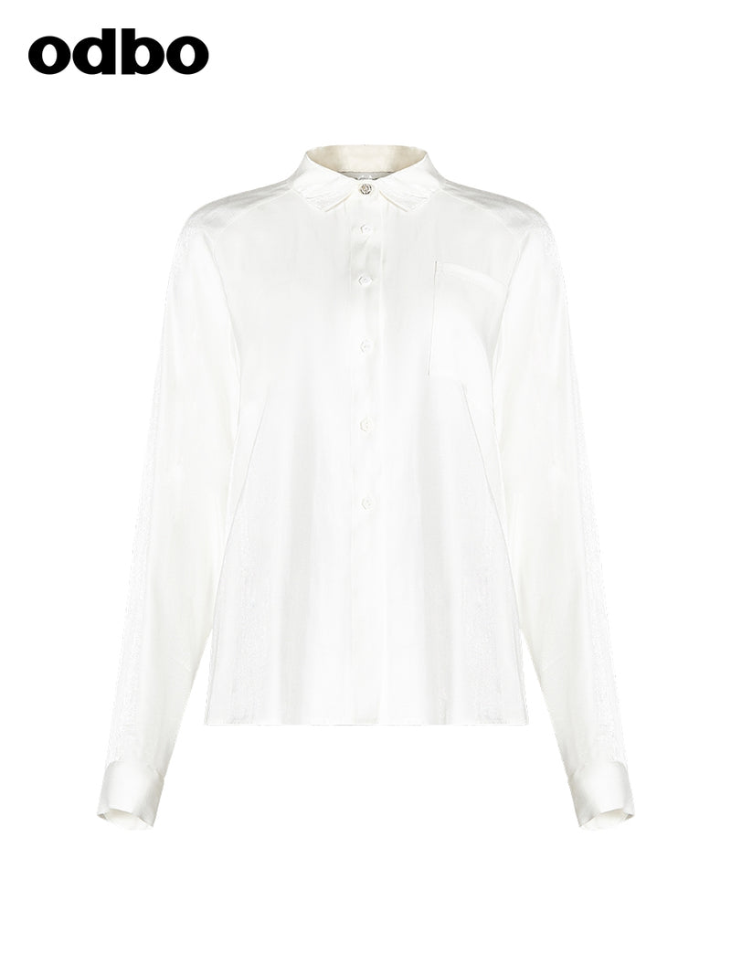 Odbo簡約光澤感白色襯衫女新款2022年長袖氣質寬鬆休閒上衣