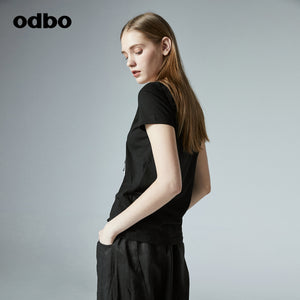 Odbo/歐迪比歐專櫃同款設計師品牌2022夏女圓領休閒印花短袖T恤