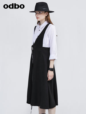 Odbo設計感小眾不對稱背帶裙女夏季新款織帶氣質收腰黑色連衣裙