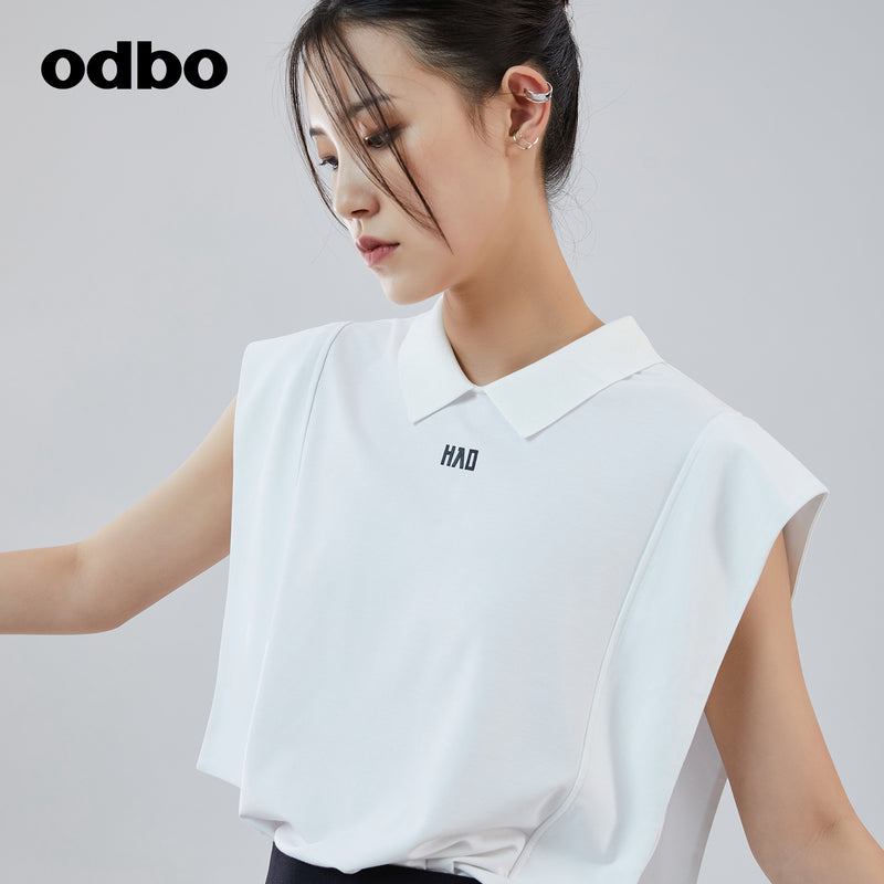 Odbo 不規則拼接無袖polo領t恤夏女白色辣妹又a又颯設計感上衣潮