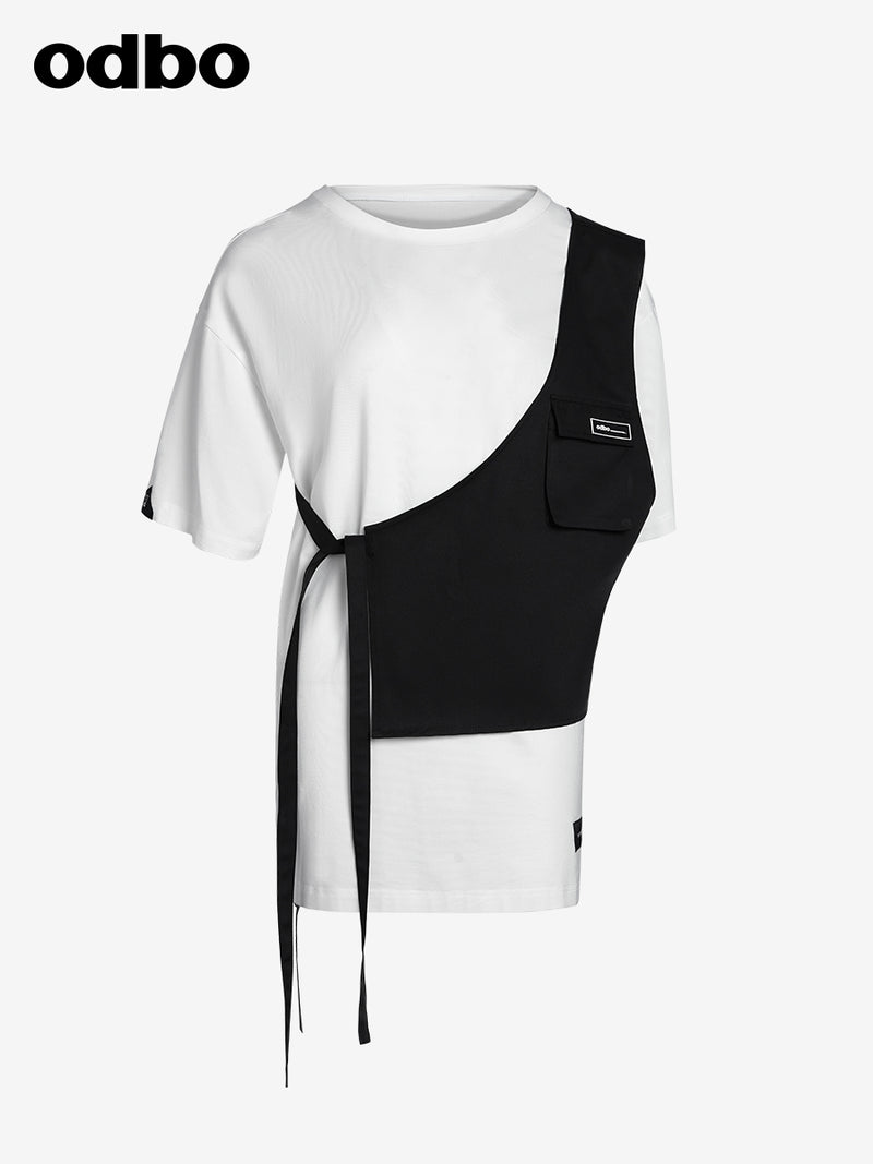 Odbo潮牌小眾白色短袖t恤女2022年新款夏季設計感寬鬆可拆兩件套