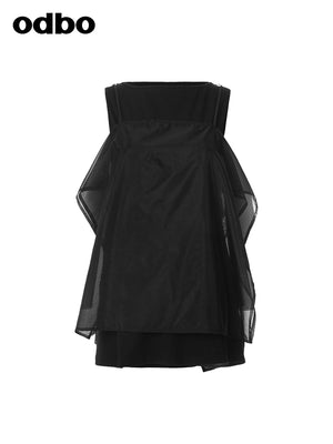 Odbo/歐迪比歐夏季新款設計感網紗假兩件吊帶背心女薄款外穿上衣