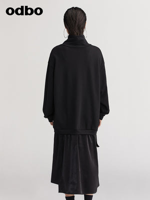 【商場同款】odbo/歐迪比歐春裝2022新款假兩件高領黑色連衣裙子