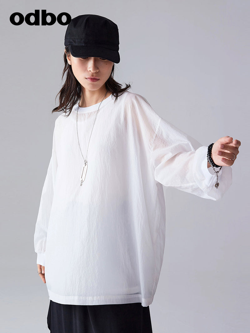 Odbo/歐迪比歐防曬衣女2022年夏季防紫外線透氣輕薄寬鬆白色上衣