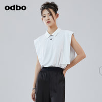 Odbo 不規則拼接無袖polo領t恤夏女白色辣妹又a又颯設計感上衣潮