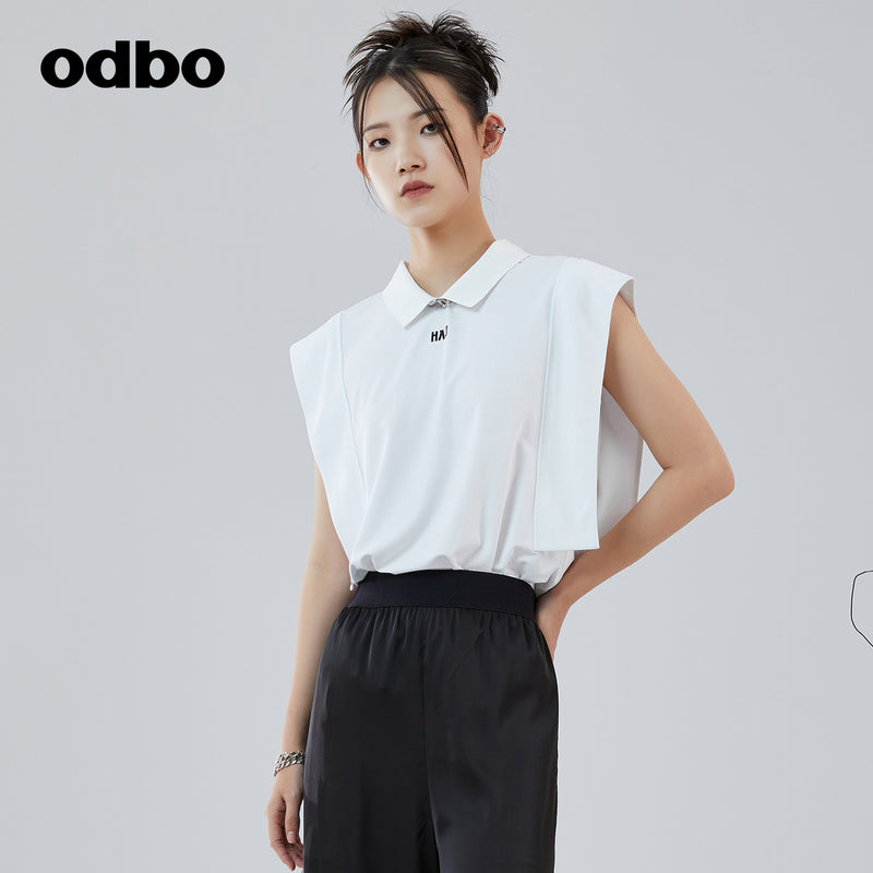 Odbo 不規則拼接無袖polo領t恤夏女白色辣妹又a又颯設計感上衣潮