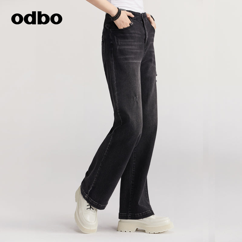 【商場同款】odbo/歐迪比歐復古牛仔休閒褲女秋冬2022新款闊腿褲