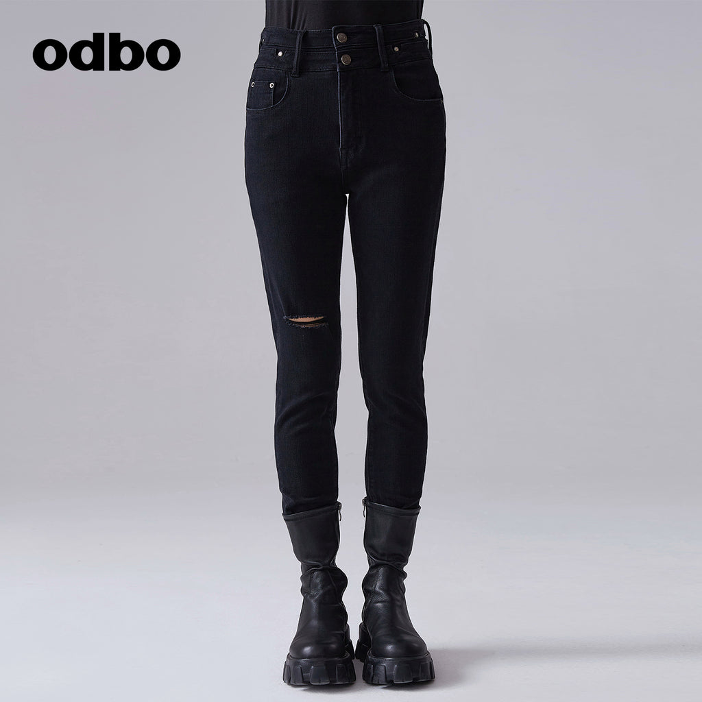 【商場同款】odbo/歐迪比歐春裝2022年新款女破洞小腳牛仔休閒褲