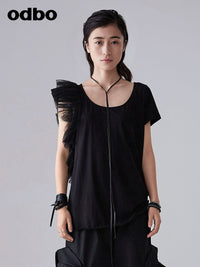 【商場同款】odbo/歐迪比歐春裝2022年新款設計感小眾黑色時尚T恤