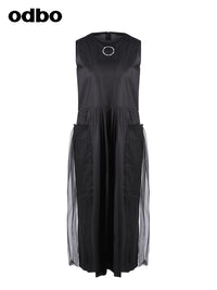 Odboa字減齡無袖連衣裙女夏新款拼接網紗黑色別緻設計感氣質顯瘦