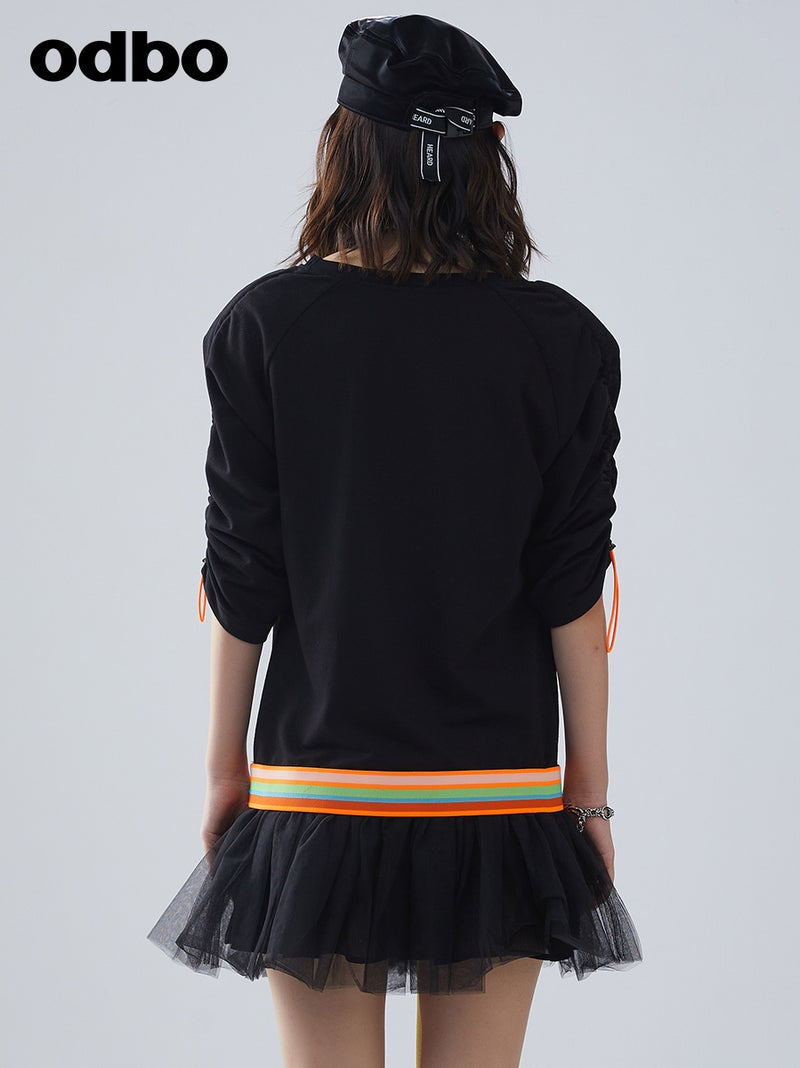 Odbo/歐迪比歐夏季2022年新款女設計感網紗撞色拼接針織連衣裙潮