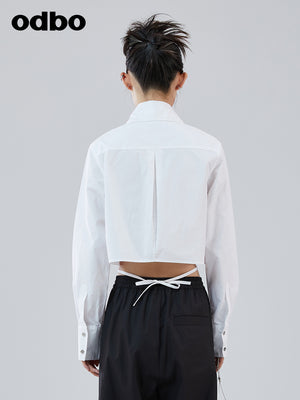Odbo 時尚設計感小眾系帶白色長袖襯衫女夏季2022年新款短款上衣