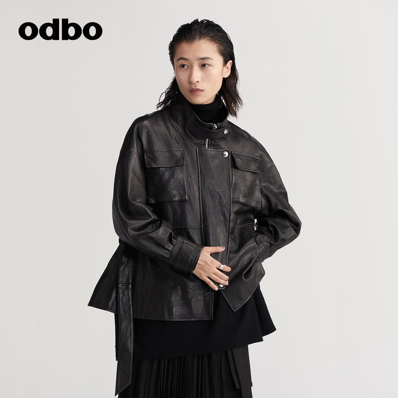 【商場同款】odbo/歐迪比歐綿羊皮皮衣女2022年秋冬新款機車外套