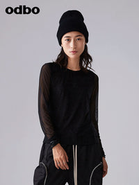 【商場同款】odbo/歐迪比歐春裝2022年新款女網紗拼接黑色長袖T恤
