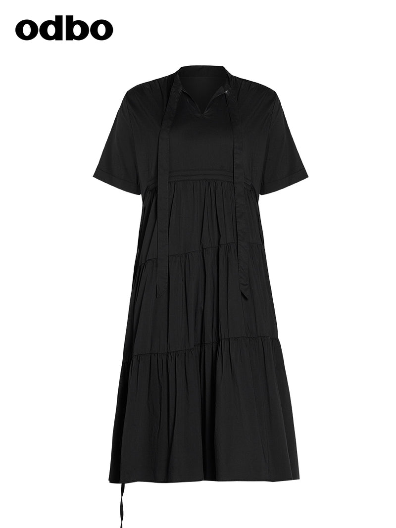 Odbo女神范氣質短袖V領黑色連衣裙女夏2022年新款寬鬆顯瘦小黑裙