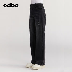 【商場同款】odbo/歐迪比歐復古牛仔休閒褲女秋冬2022新款闊腿褲