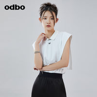 Odbo 不規則拼接無袖polo領t恤夏女白色辣妹又a又颯設計感上衣潮